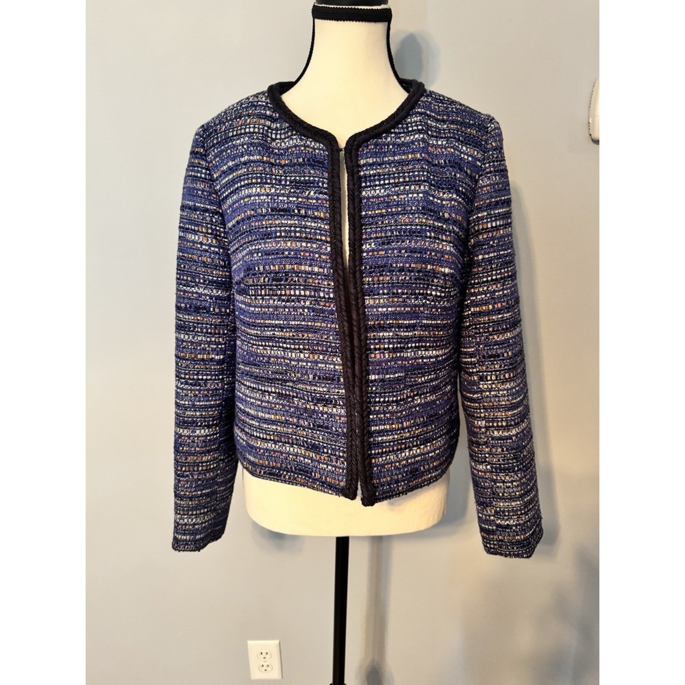 J.Crew Lady Jacket M Blue Multicolor Tweed Boucle Braided Trim Blazer